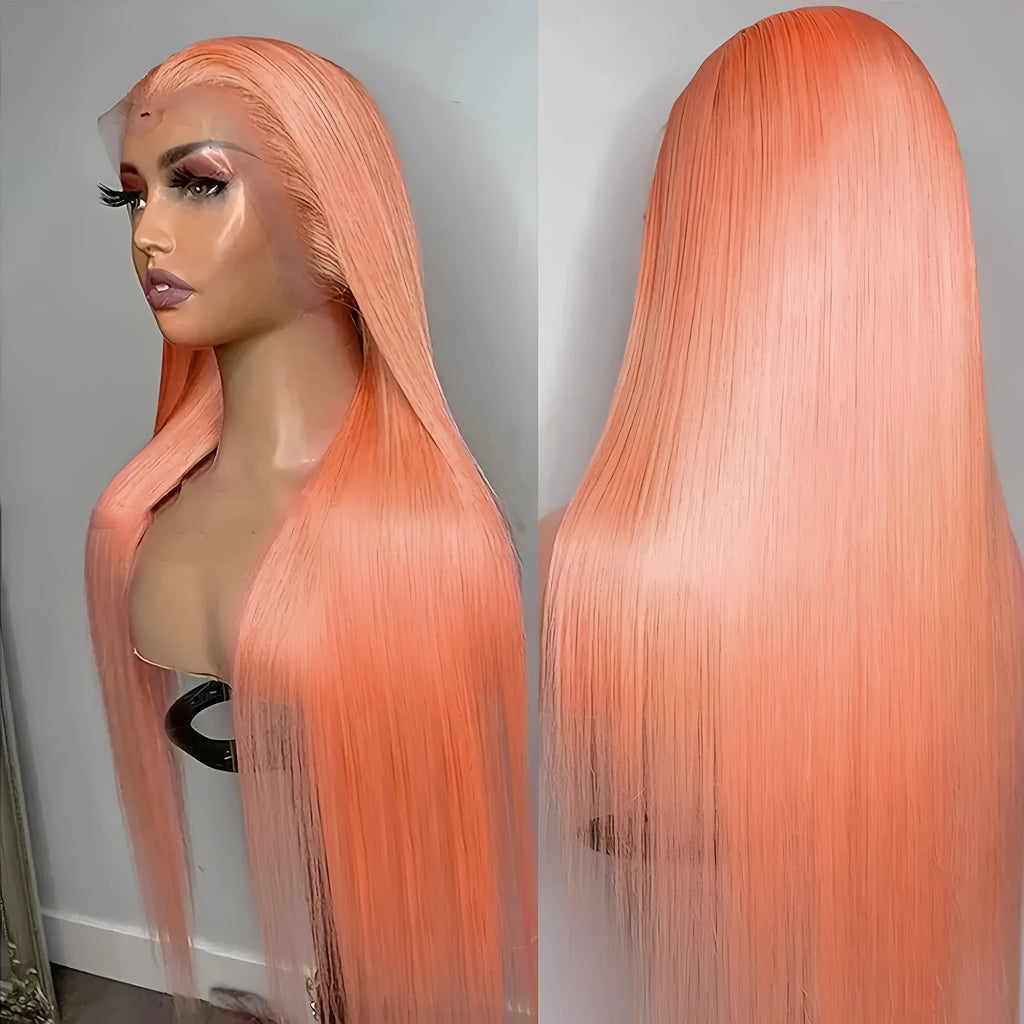 Light orange long straight front lace wig with side bangs on a mannequin head