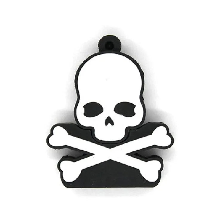 Skeleton skull shaped USB flash drive on a small metal chain with PVC shell.