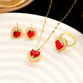 Gold red titanium steel jewellery set with hearts and flower pendant including necklace, ear studs, and ring