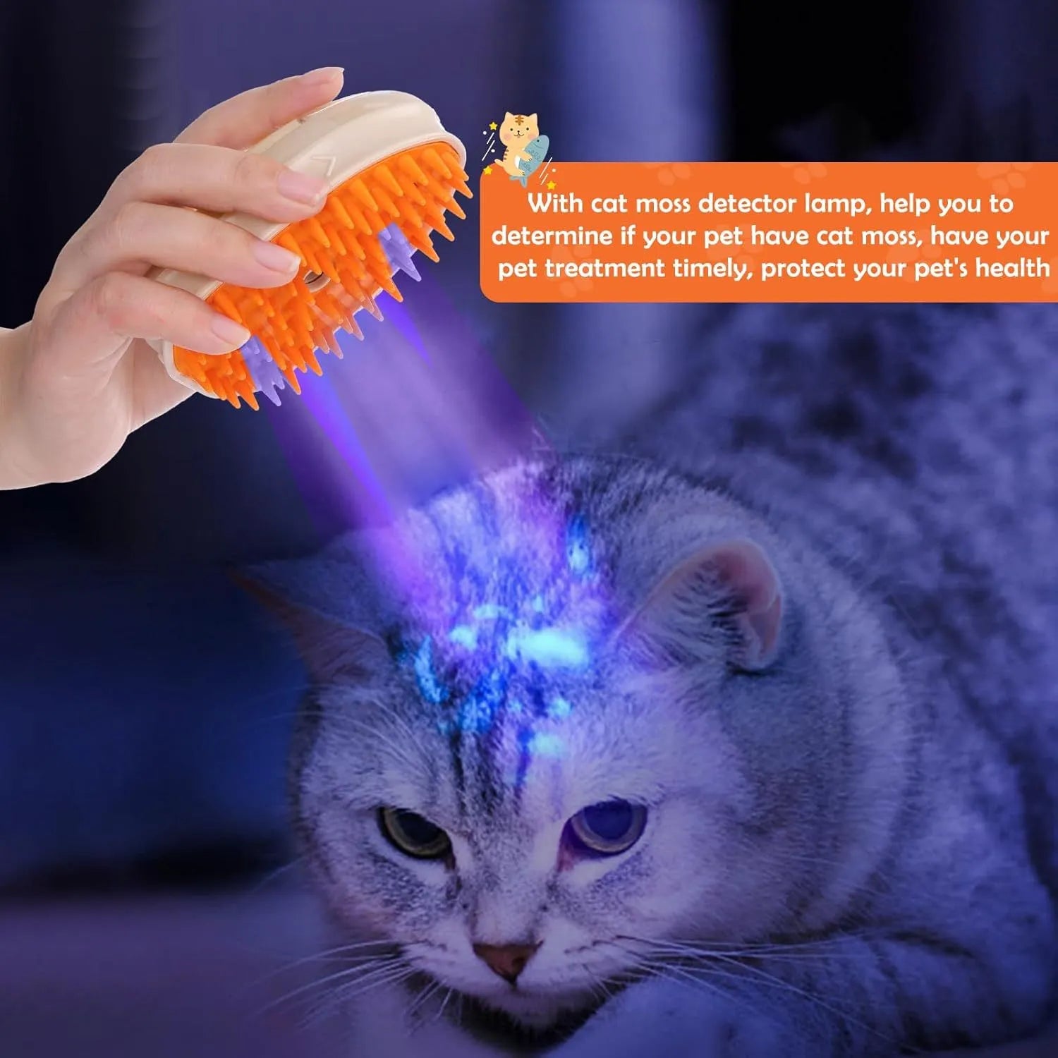 Yellow USB rechargeable cat grooming brush with steam spray, massage, and ringworm detection lamp.