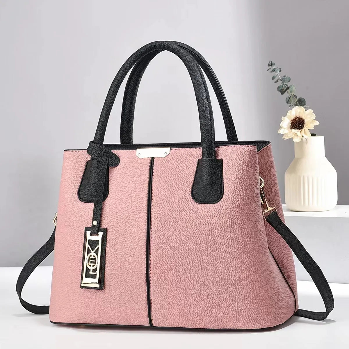 Women's large capacity square shoulder bag in soft PU leather with leather strap