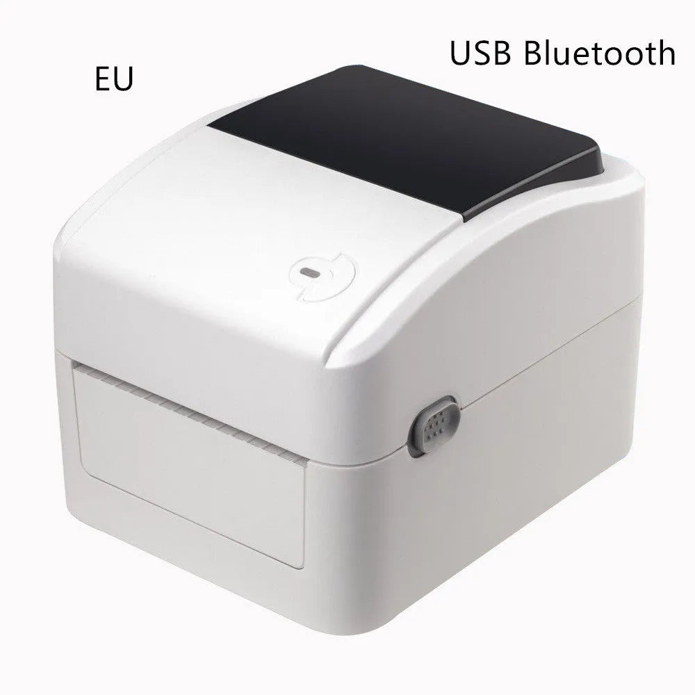 Thermal barcode printer with compact body and paper loading container, black finish, for label printing
