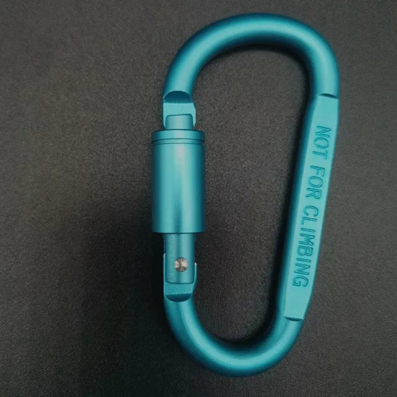 D-type aluminium carabiner with lock measuring 8cm in multiple colour options