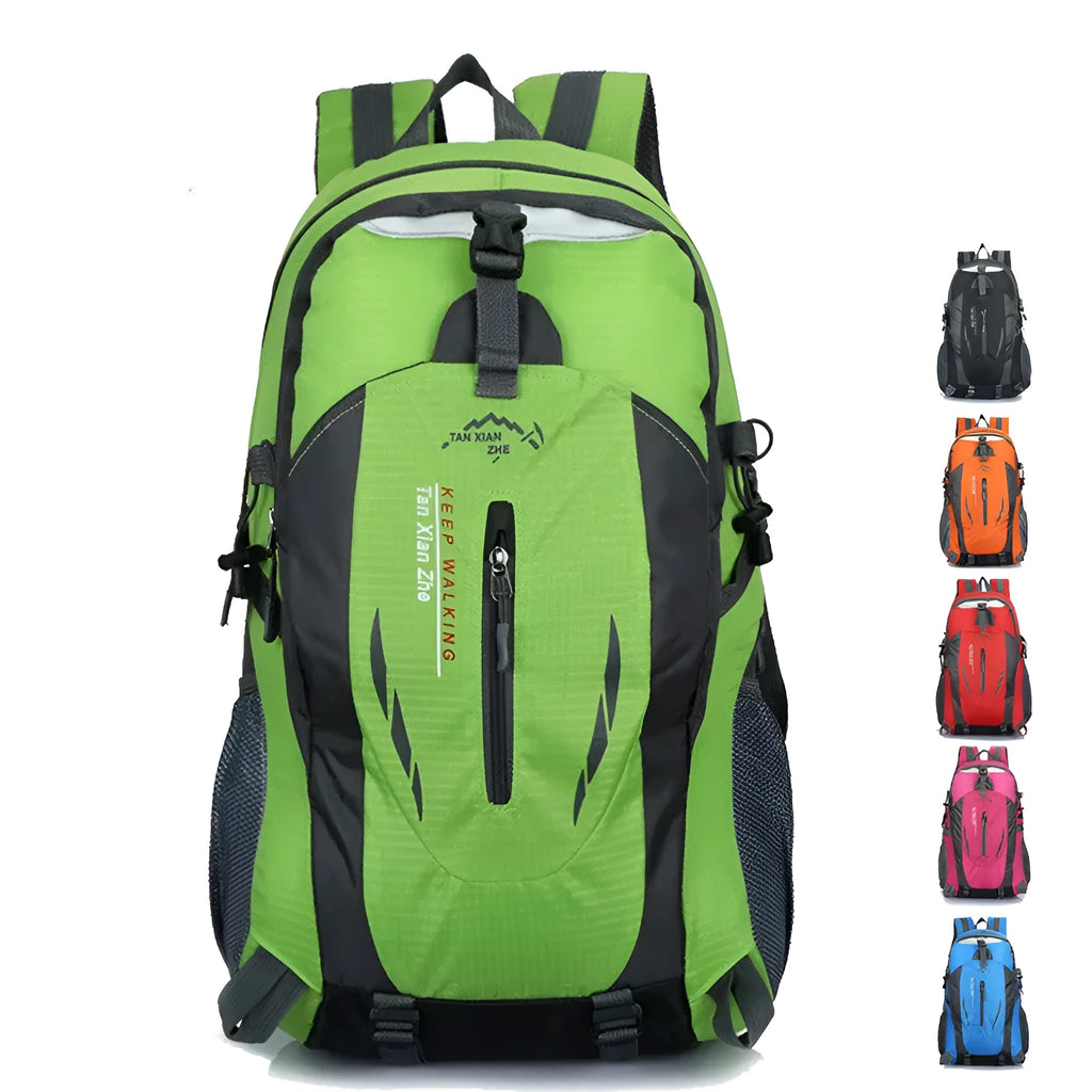 Large black Oxford cloth travel backpack with double shoulder straps and front organisation compartments