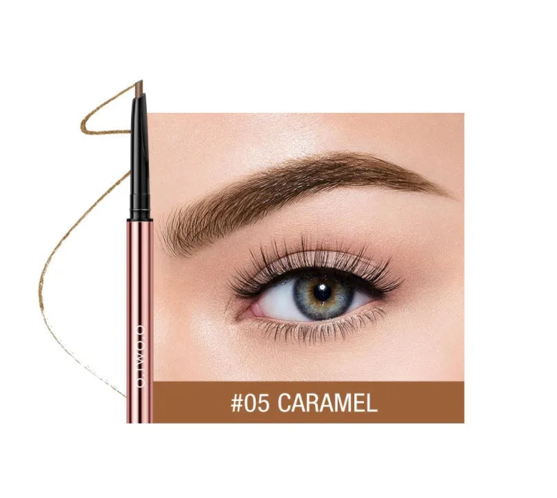 Slim 0.7 cm wide eyebrow make-up pencil in a colour box, available in six shade options.