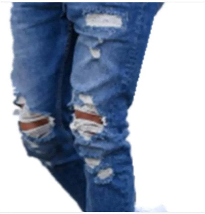 Deep blue cotton men's jeans laid flat, available in sizes S to 3XL.