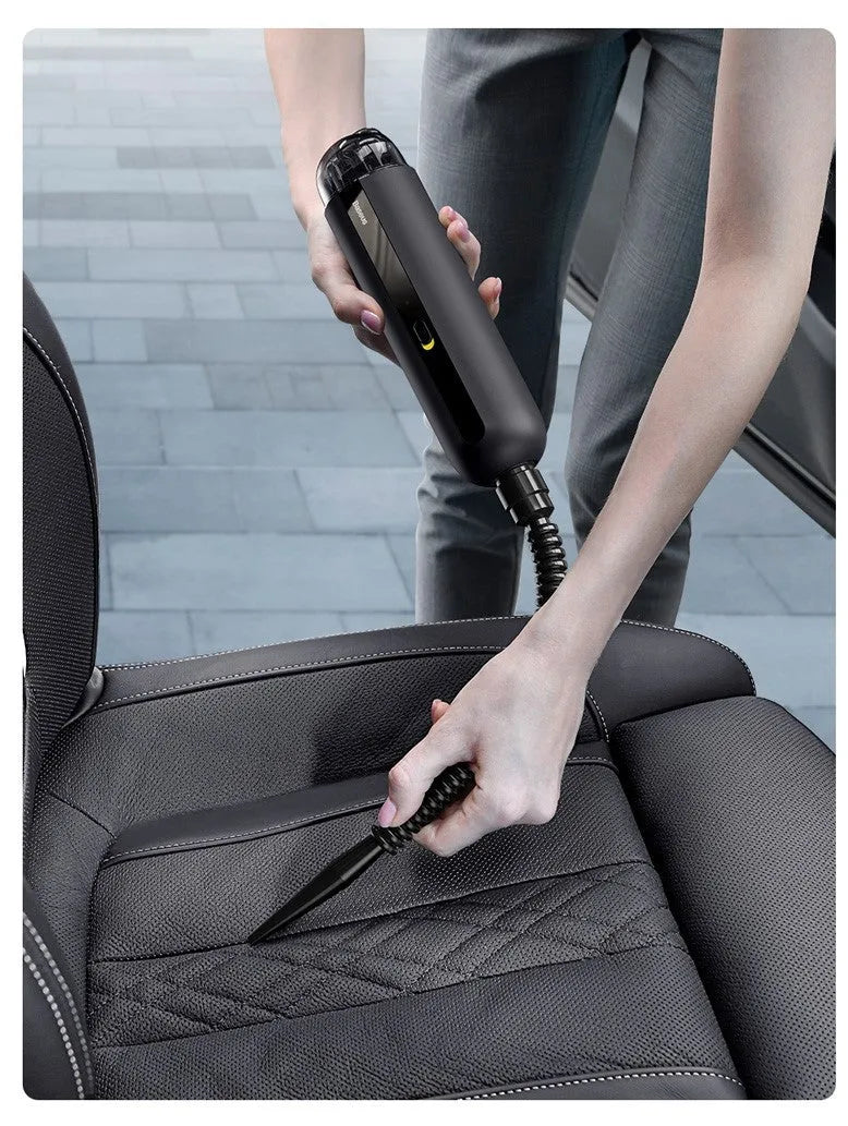 Baseus wireless handheld car vacuum cleaner in black, white, or green with blowing hose attachment