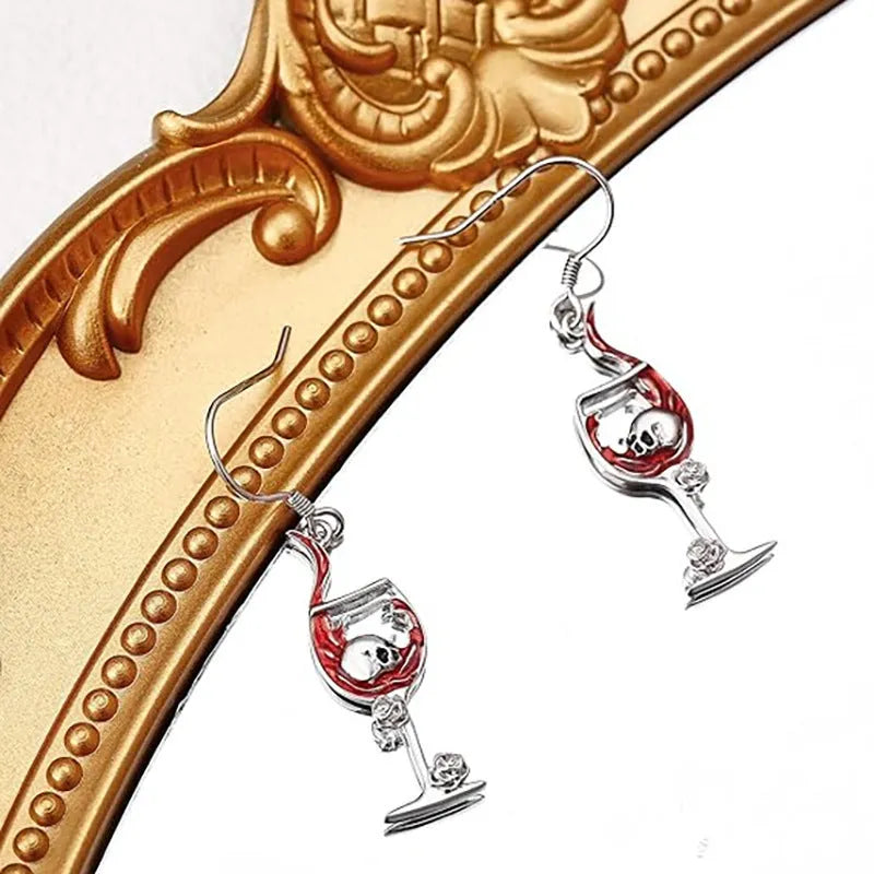 Halloween skull wine glass creative earrings in zinc alloy with electroplated finish