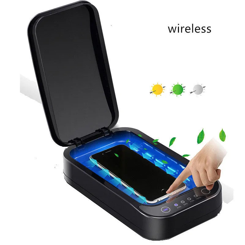 Blue and white ultraviolet disinfection box for mobile phones with aromatherapy function.