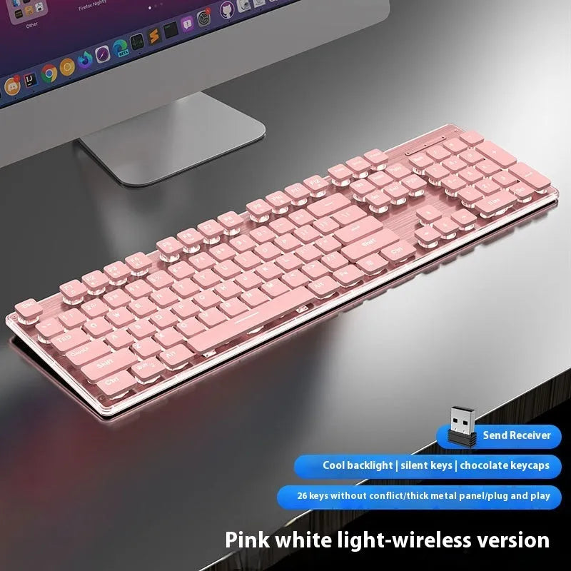 Wireless Bluetooth keyboard with ice blue backlight and mute button, shown in cherry blossom pink colour.