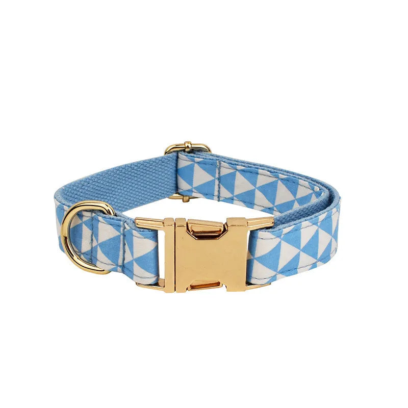 Blue triangular ring rope cloth dog collar, leash, bow, and vest set in multiple sizes XS to XL
