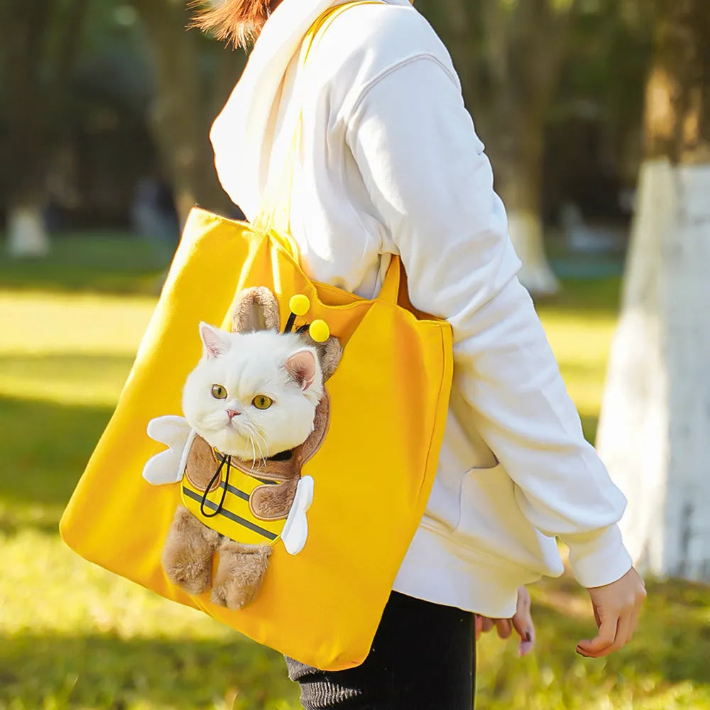 Soft canvas pet carrier bag with cartoon print and adjustable shoulder strap