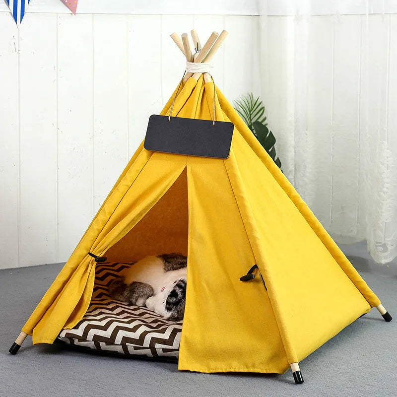 Striped linen pet teepee tent bed with cushion for small dogs or cats.