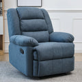 Electric massage recliner in blue upholstery with wooden frame and remote control