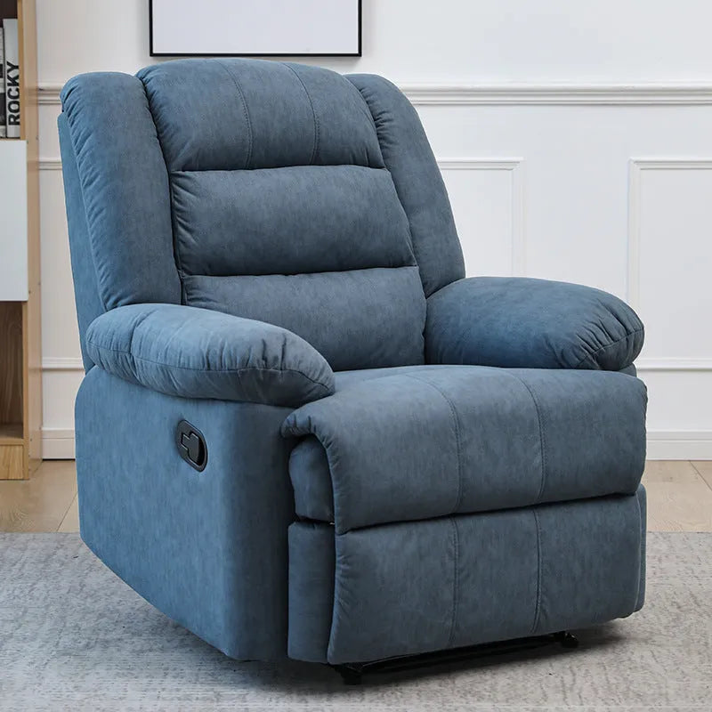 Electric massage recliner in blue upholstery with wooden frame and remote control