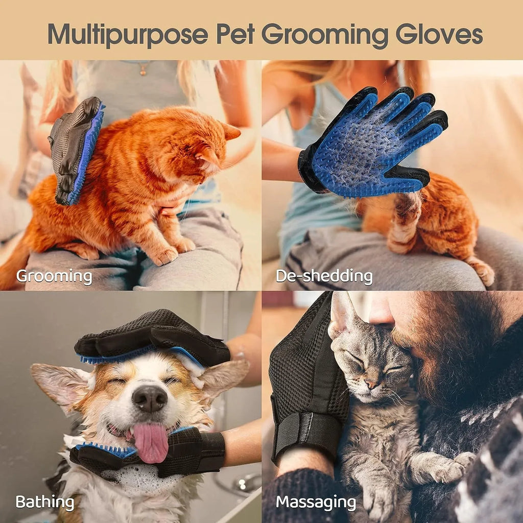 Blue pet grooming glove with silicone tips for brushing dogs and cats