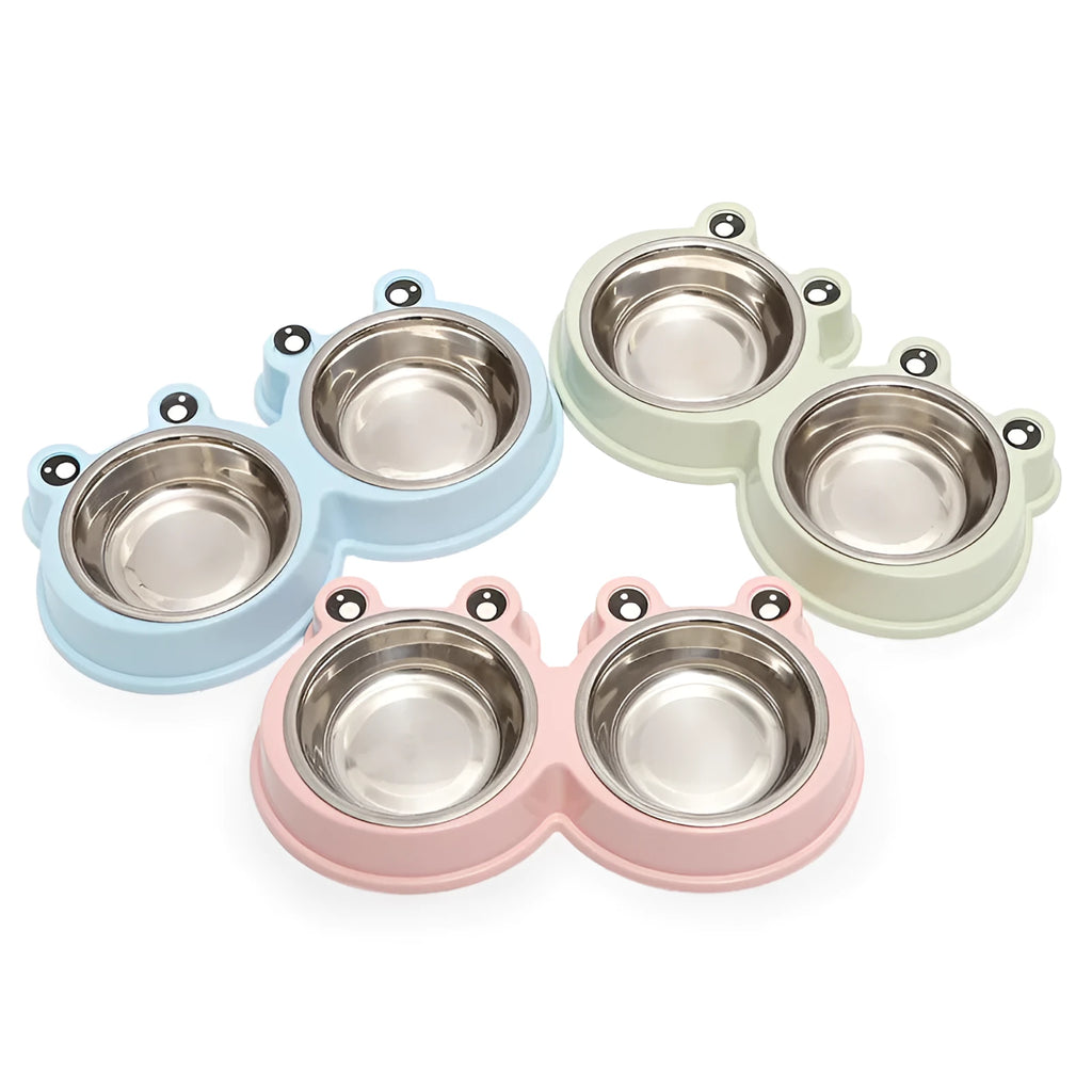 Stainless steel pet double bowl with elevated frog-style base in blue colour for cat and dog feeding