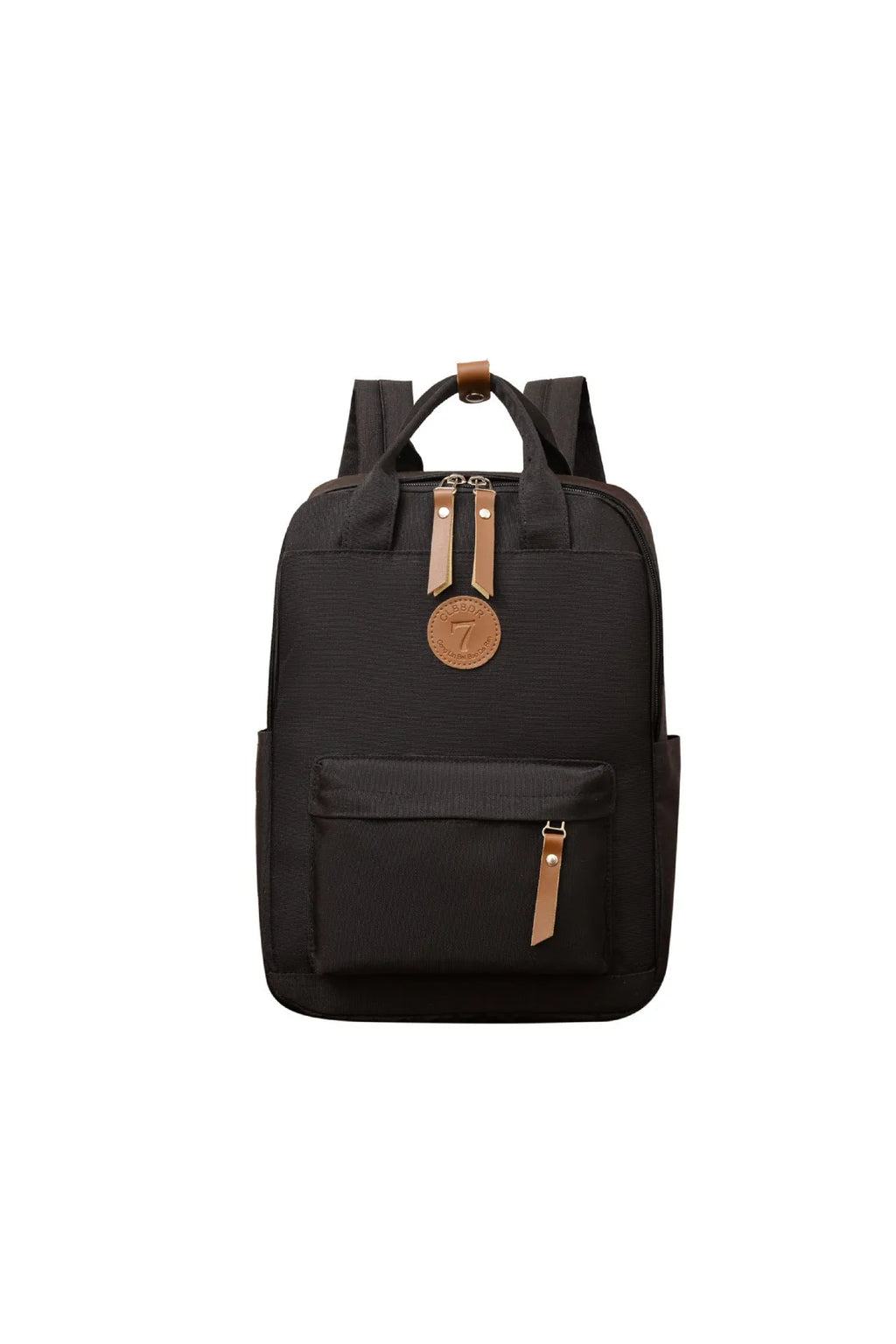 Black Oxford cloth backpack with curved shoulder straps and retro sewing thread accents