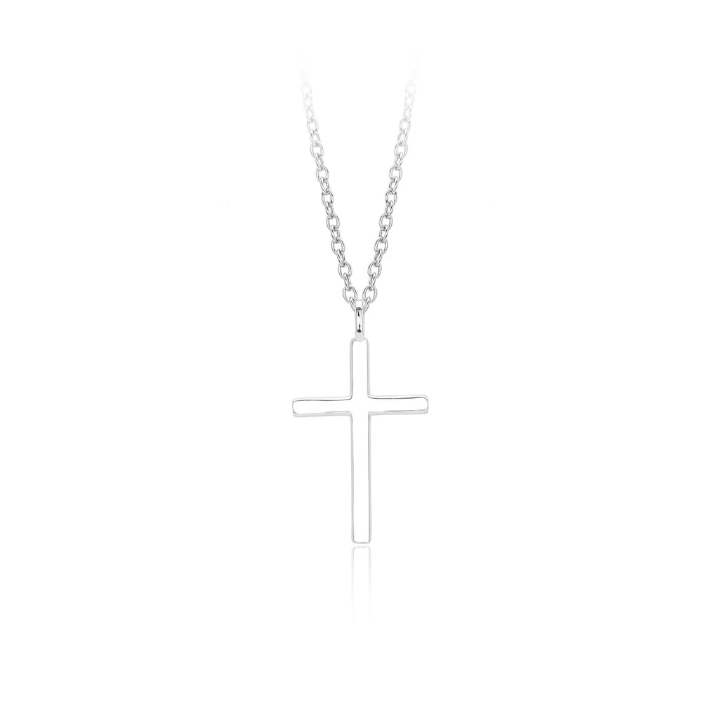Sterling silver cross necklace with O-shaped chain in gold plating on display