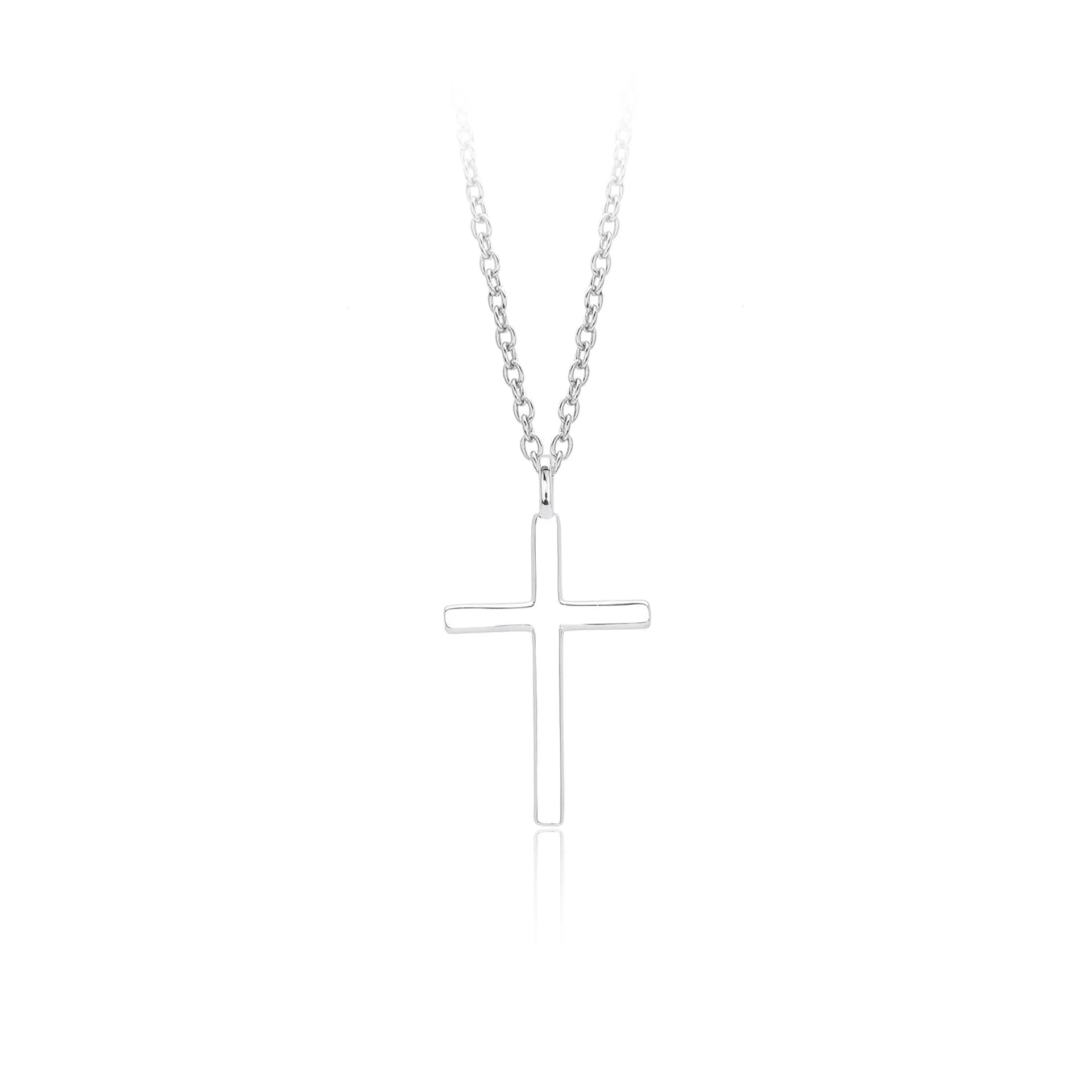 Sterling silver cross necklace with O-shaped chain in gold plating on display