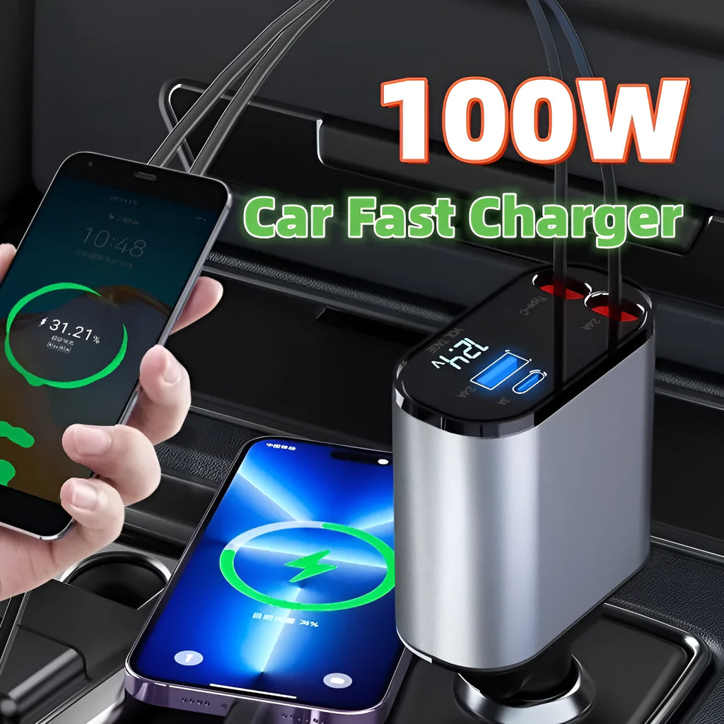 100W metal car charger with retractable cable and adjustable head for fast mobile charging in a car