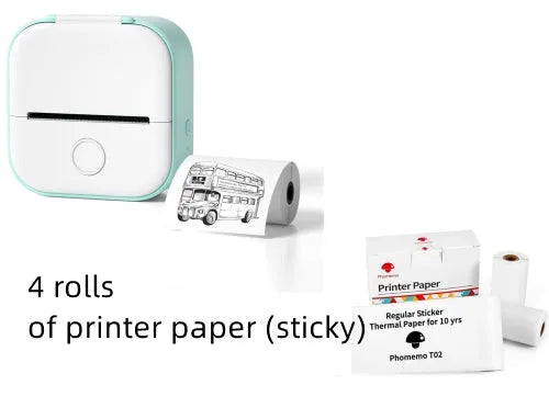 Phomemo T02 mini thermal label printer in white, showing front view with roll of sticky paper