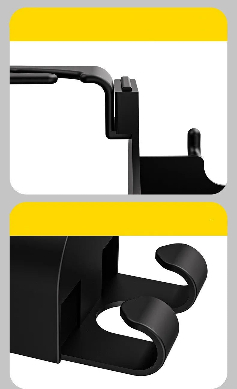 Black plastic car seat back hook and cup holder organiser measuring 8.5 by 7.1 by 14.4 centimetres