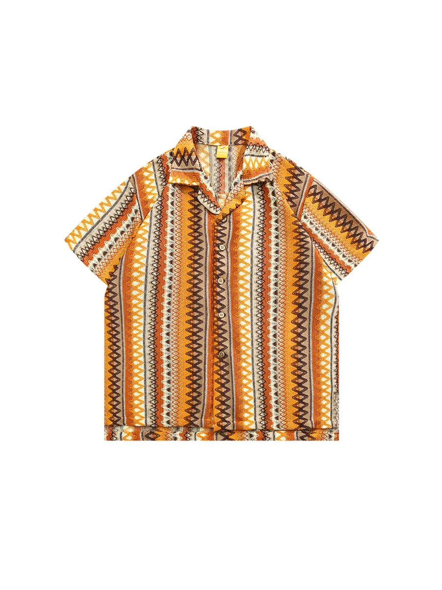 Ethnic woven Cuban collar shirt with drop-shoulder sleeves and loose fit design