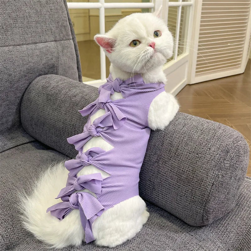 Lace-up polyester cat sterilisation clothing in blue colour showing adjustable fastening system for postoperative recovery
