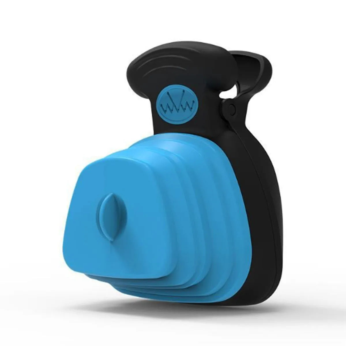 Blue portable pooper scooper with clip, expandable container, and integrated waste bag dispenser for dog waste cleanup.