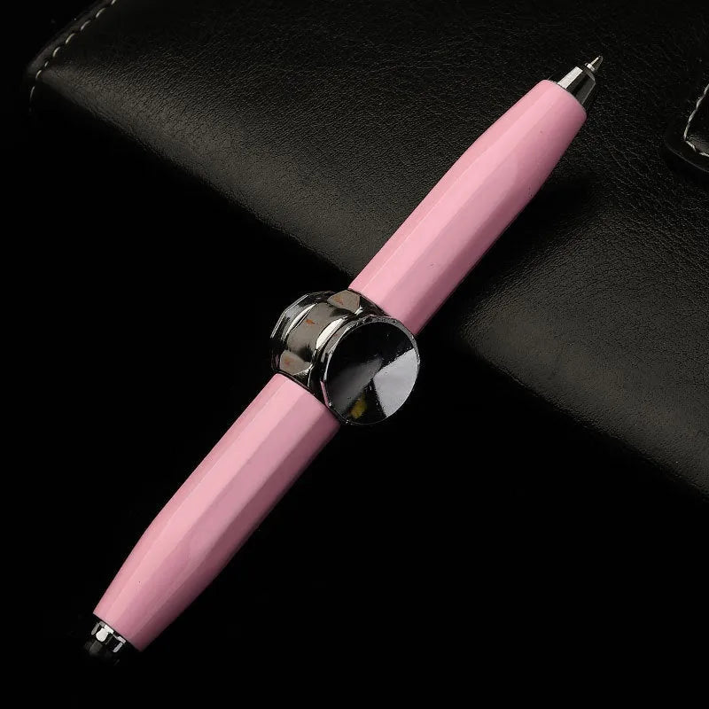 Metal gyro ballpoint pen with LED decompression spinner showing 10.5cm length and 12 ink colour options