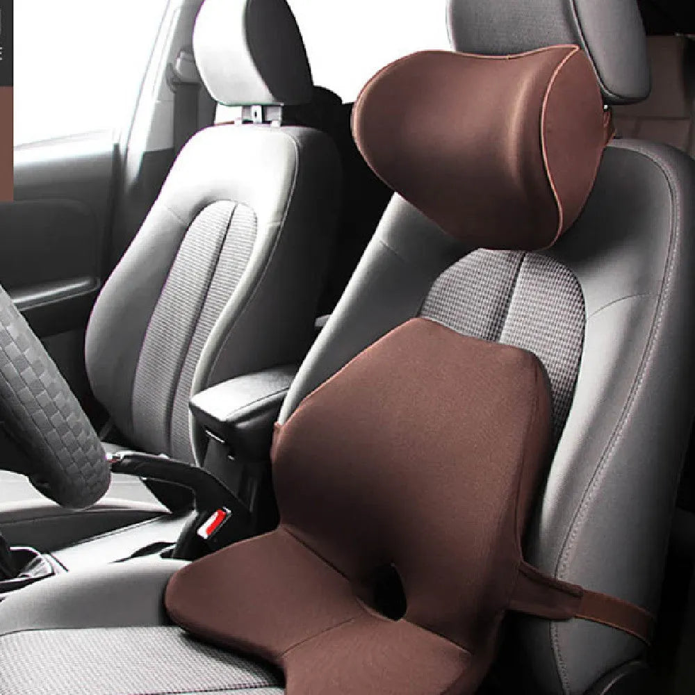 Memory cotton car waist pad and headrest set in neutral colours on car seat