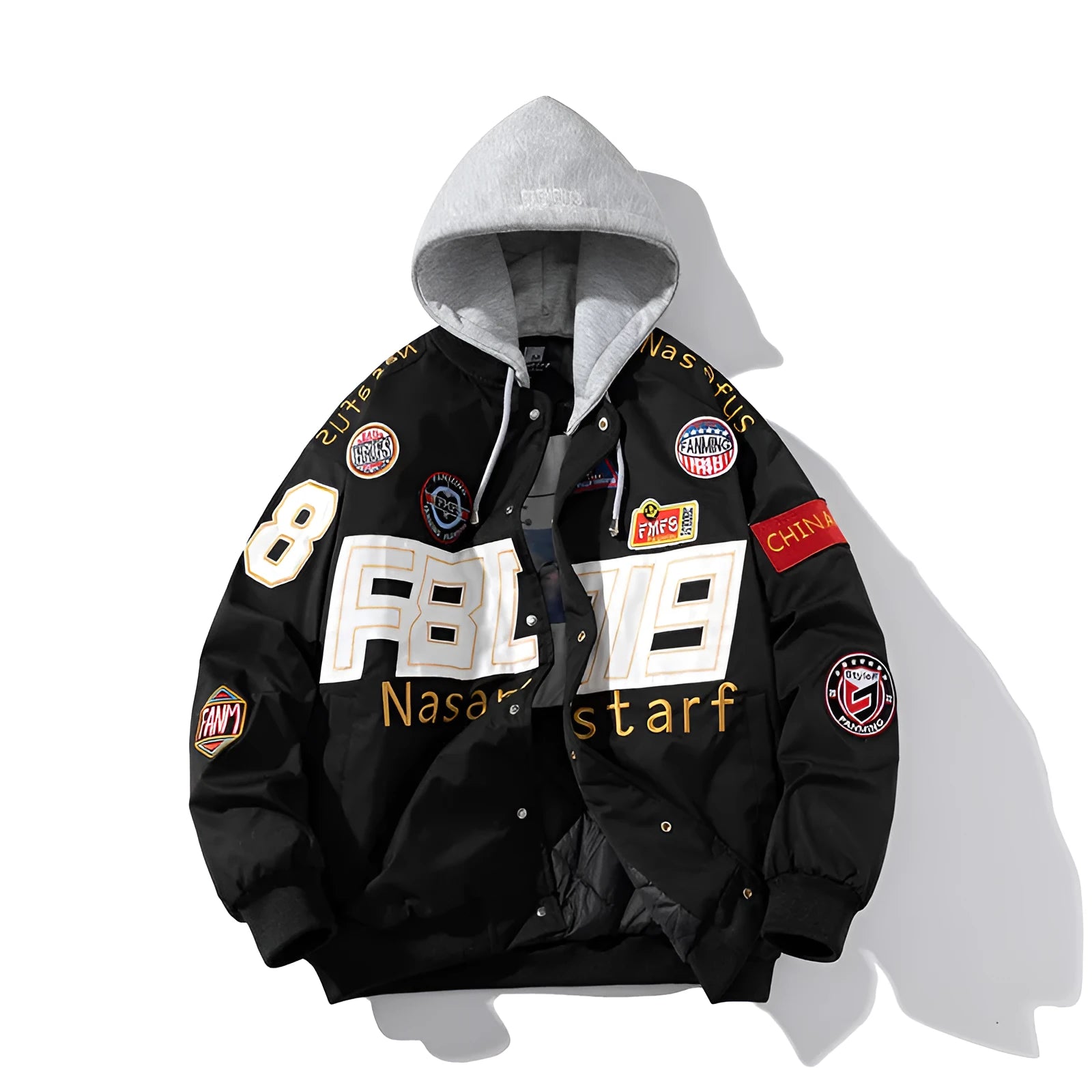 American motorcycle baseball uniform jacket in black with removable hood and side pockets