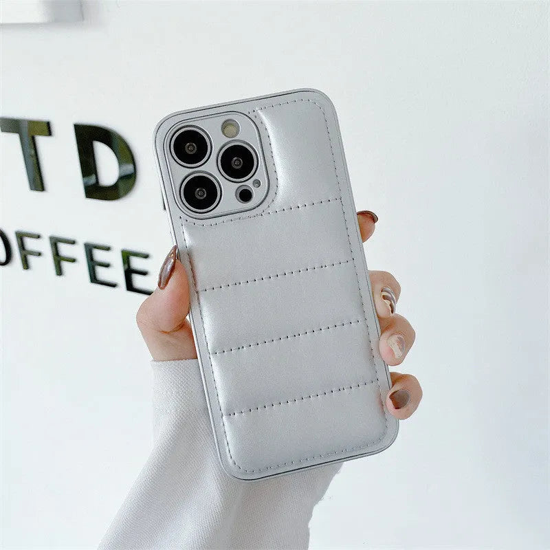 Fashion solid colour down jacket phone case for Apple iPhone in orange with TPU and PC back cover