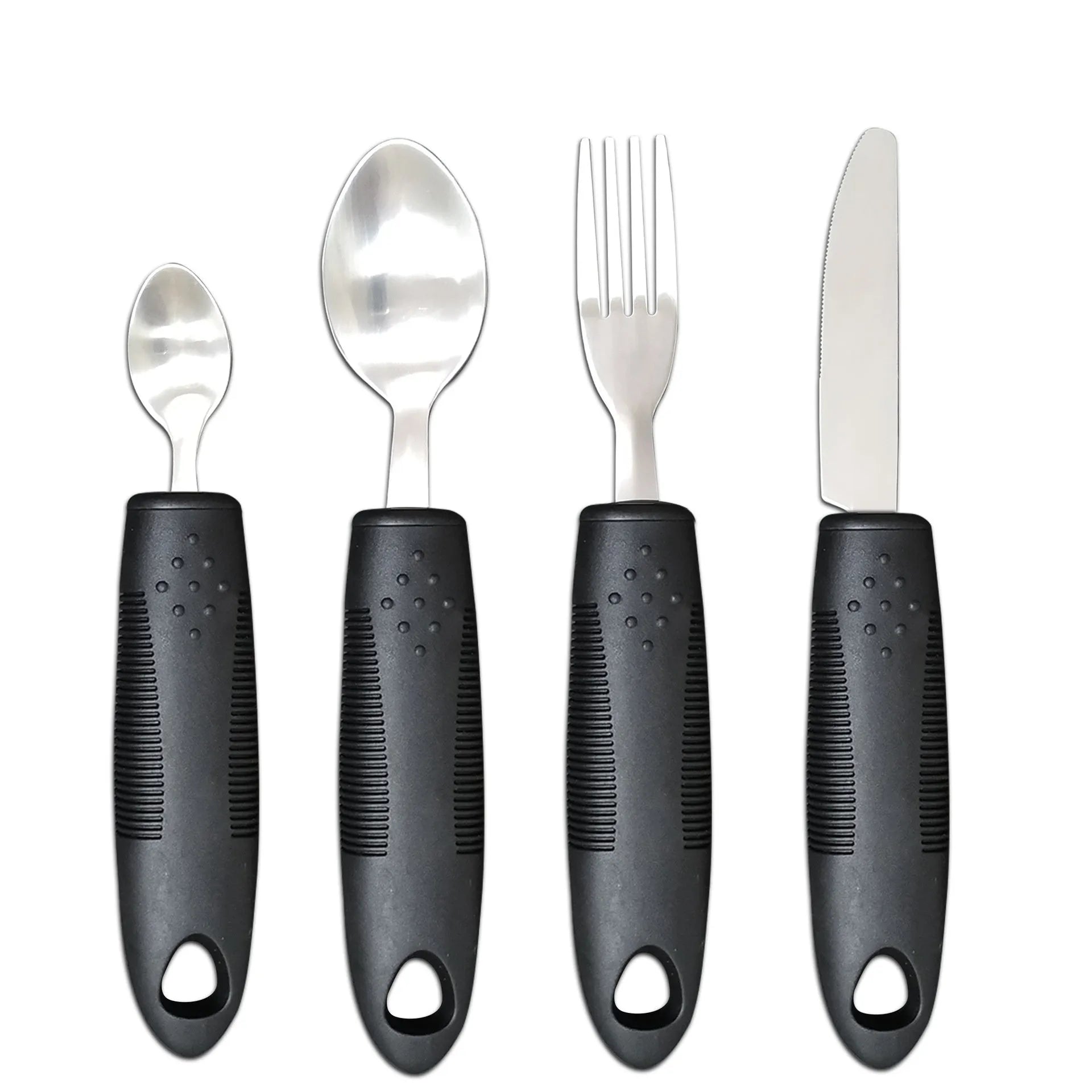 Stainless steel adaptive tableware with rubber handles in black and grey curved and straight designs
