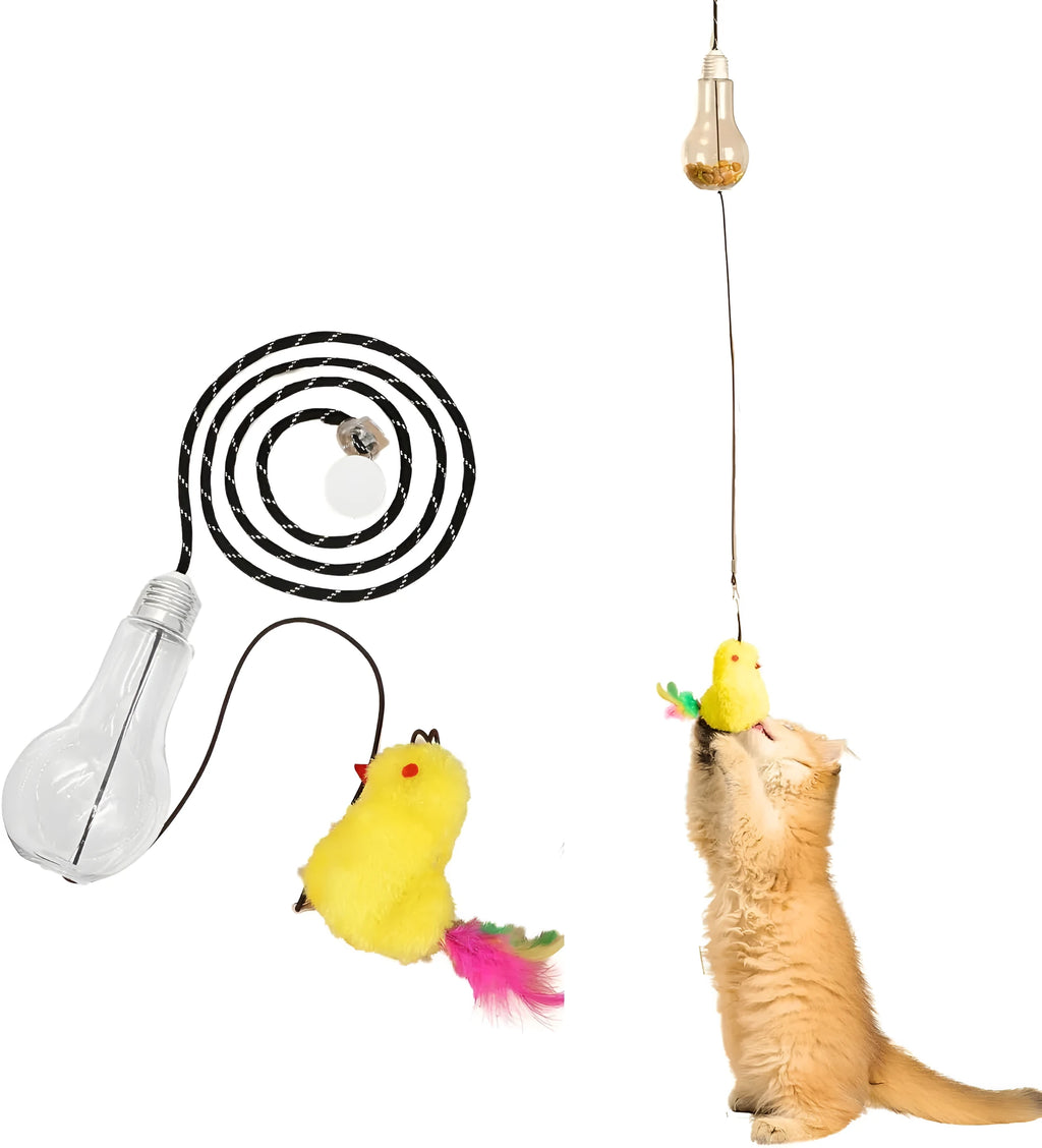 Interactive hanging cat toy with retractable elastic rope and dangling mouse attachment on door frame