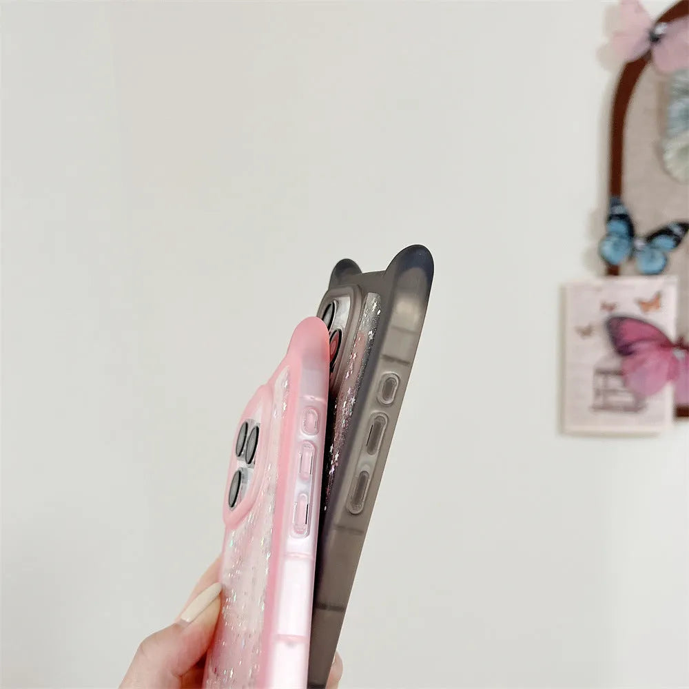 Three-dimensional cat ears epoxy glitter TPU phone case for Apple iPhone, available in pink, white, purple, black, and transparent