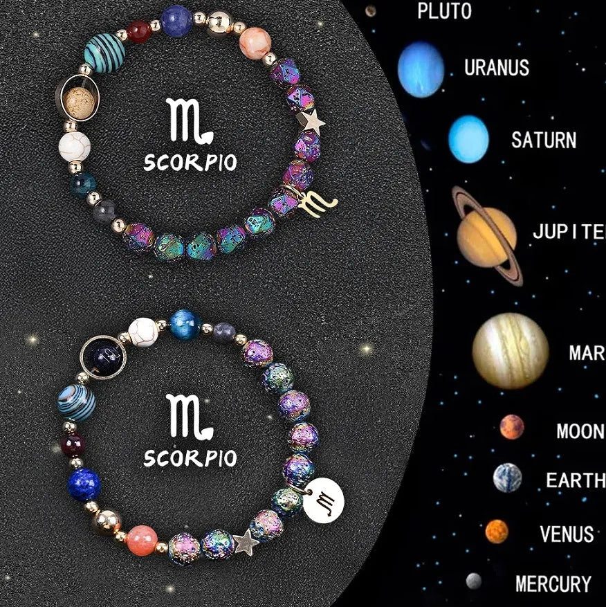 Two natural stone beaded bracelets with zodiac symbols on an adjustable cord.