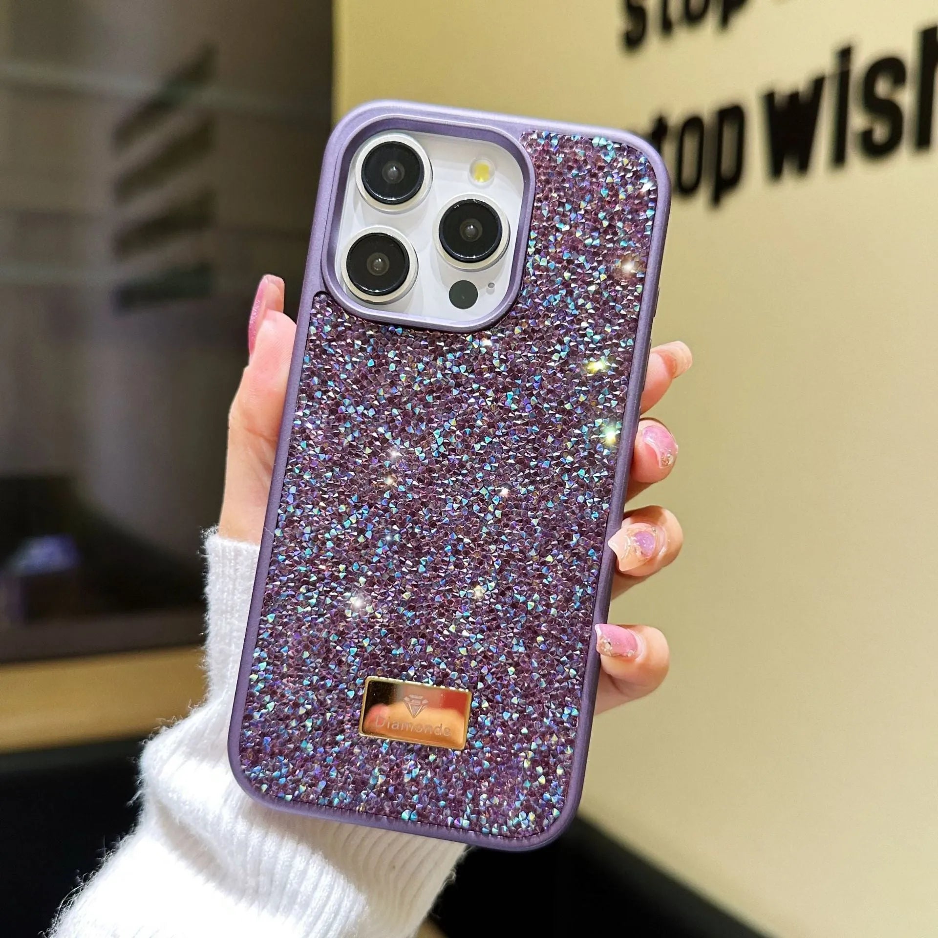 Luxury rhinestone graphene mobile phone shell in black with full diamond covering compatible with iPhone models