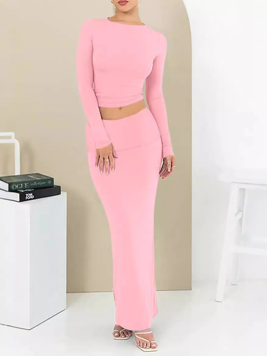 Women's sweet style two-piece suit set with long skirt and three-quarter sleeve top