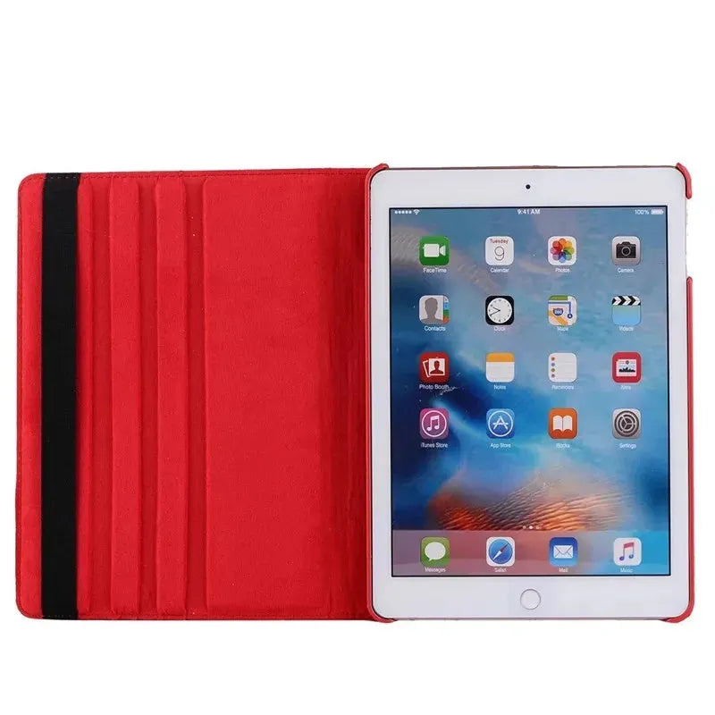Imitation leather rotating clamshell protective sleeve for iPad and iPad Pro tablets.