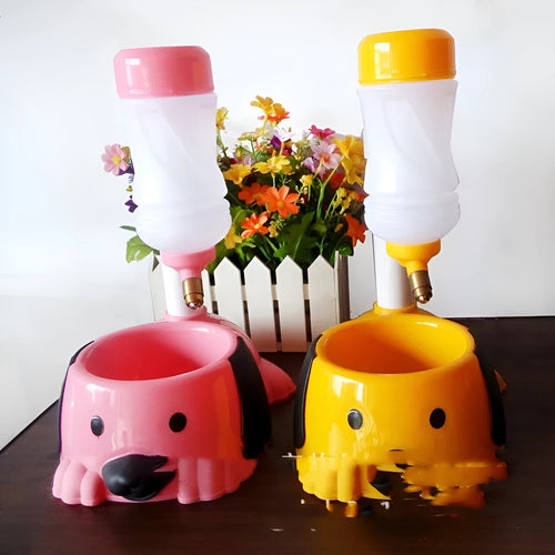 Adjustable plastic pet drinking bowl in pink, blue, or yellow with height adjustment up to 42cm.
