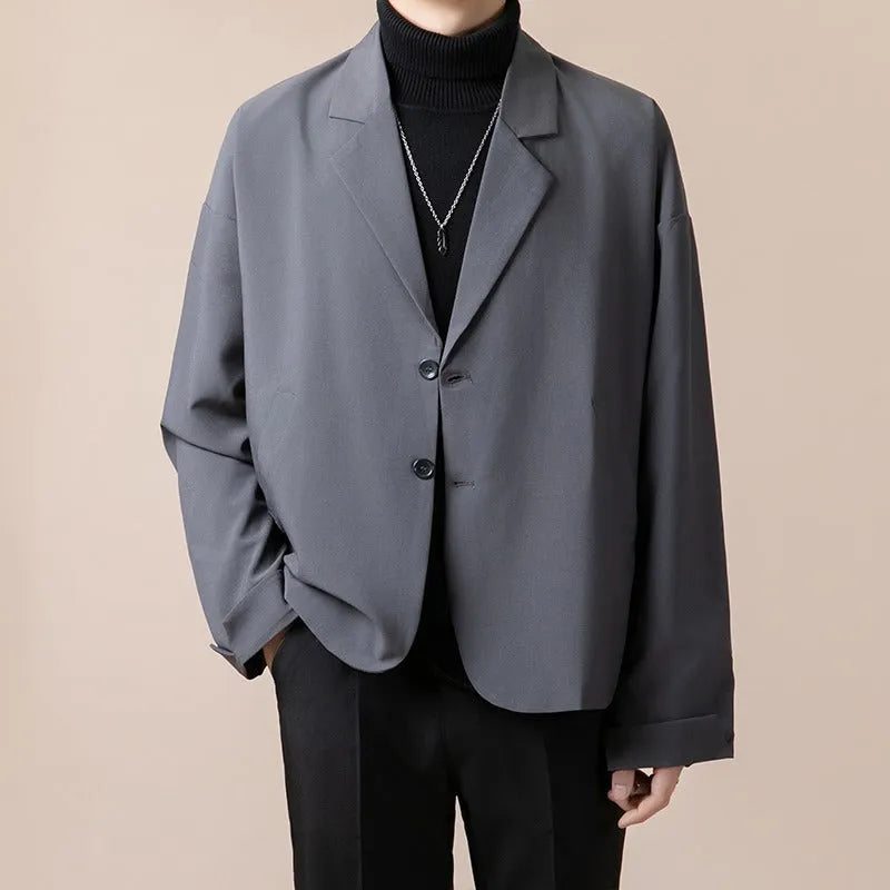Men's loose casual suit jacket in apricot colour with long sleeves and regular length
