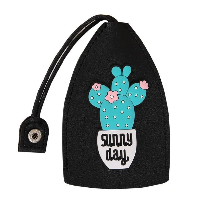 Cartoon pull-out key case in PU leather showing design options including resin fruit and big cartoon animal prints.