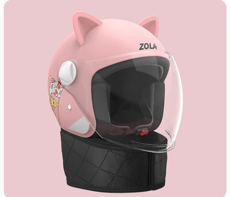 Adult electric bicycle helmet with attached winter scarf and anti-fog visor in blue colour