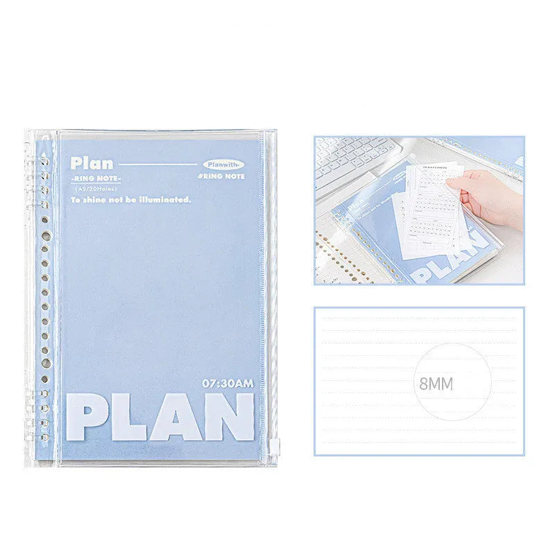A5 clear PVC notebook case in white or blue colour, showing transparent front cover