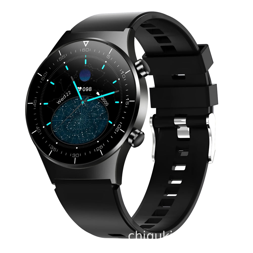 Black smart watch with 1.28-inch touch screen displaying heart rate and fitness data on wrist