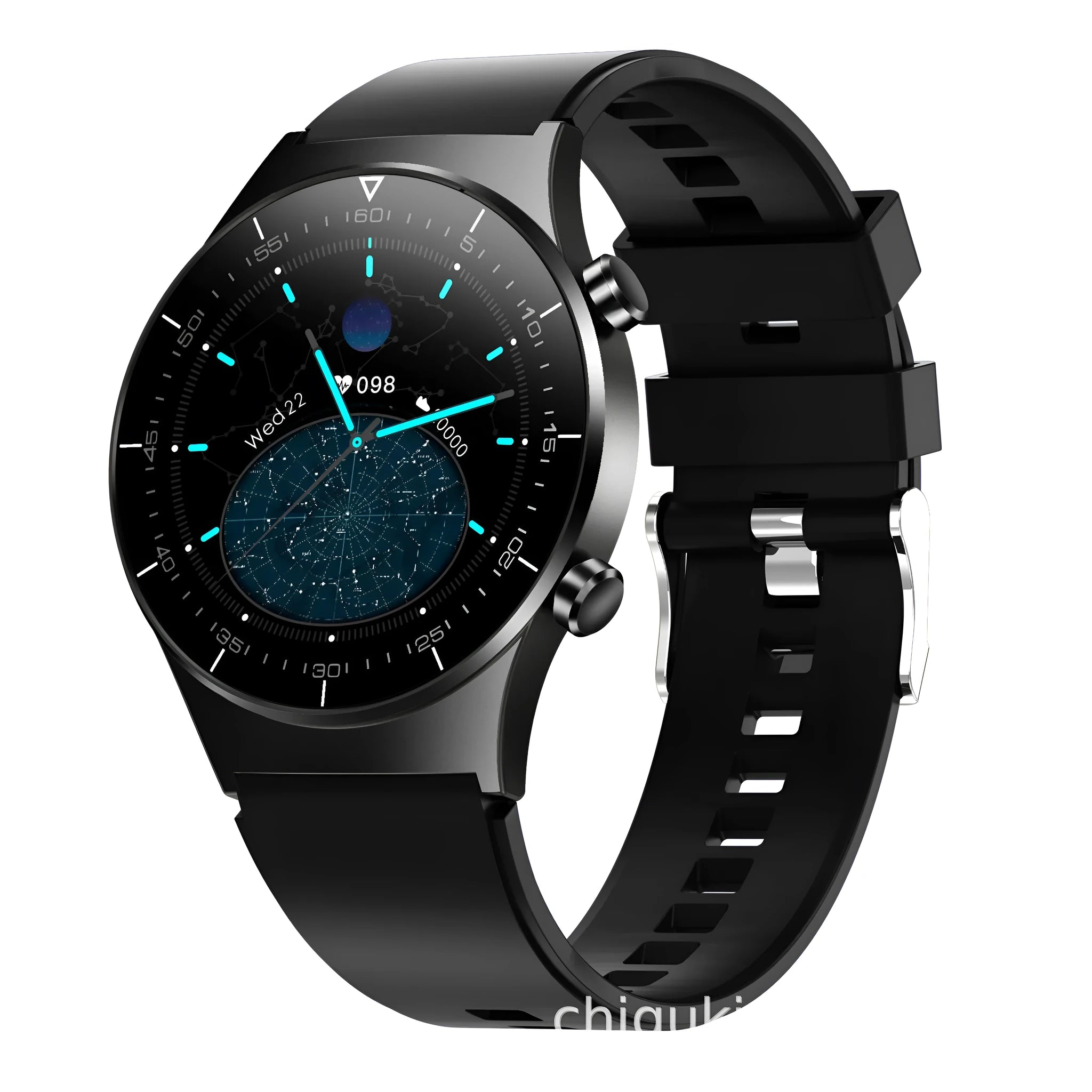 Black smart watch with 1.28-inch touch screen displaying heart rate and fitness data on wrist