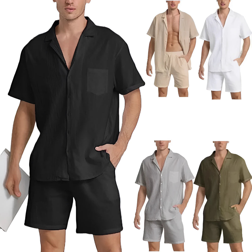 Men's flax linen short-sleeved top and matching shorts set in army green on a hanger.