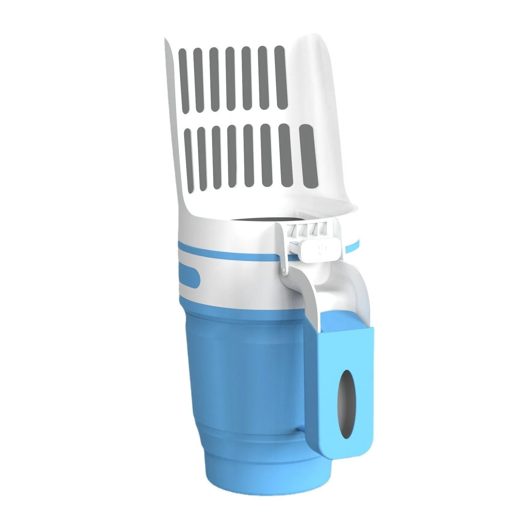 Grey, blue, and green cat litter scoop with attached waste bin and foldable bottom.